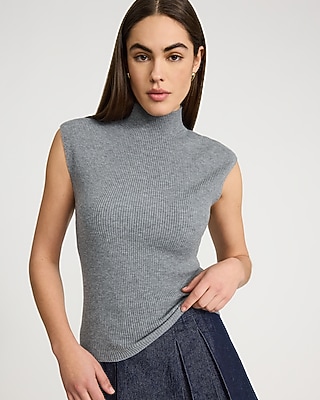 Fitted Airy Soft Ribbed Mock Neck Cap Sleeve Sweater