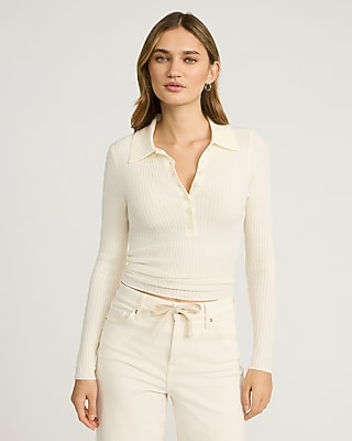 Fitted Ribbed Long Sleeve Polo Sweater
