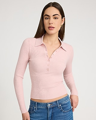 Fitted Ribbed Long Sleeve Sweater Polo