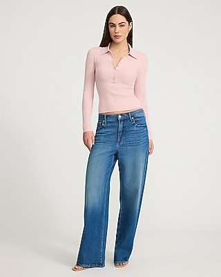 Fitted Ribbed Long Sleeve Sweater Polo