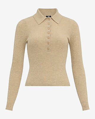 Fitted Ribbed Long Sleeve Sweater Polo
