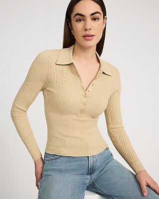 Fitted Ribbed Long Sleeve Polo Sweater - image 2
