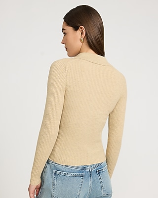 Fitted Ribbed Long Sleeve Polo Sweater - image 3
