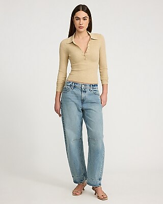 Fitted Ribbed Long Sleeve Polo Sweater - image 4