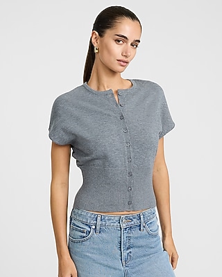 Crew Neck Cap Sleeve Banded Bottom Cardigan