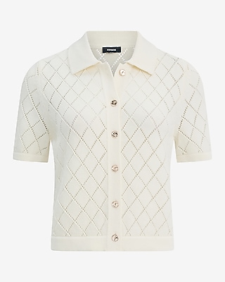 Cotton Pointelle Short Sleeve Button Front Sweater Polo