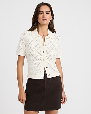 Cotton Pointelle Short Sleeve Button Front Sweater Polo