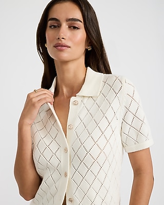 Cotton Pointelle Short Sleeve Button Front Sweater Polo