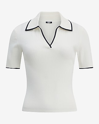 Tipped Johnny Collar Short Sleeve Sweater Polo Airy Soft