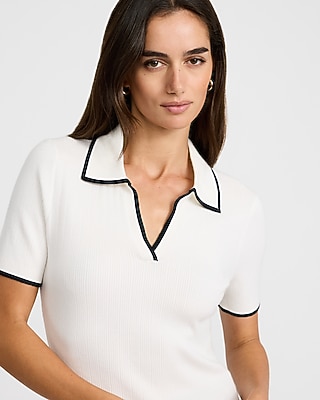 Tipped Johnny Collar Short Sleeve Sweater Polo Airy Soft