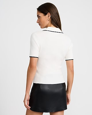 Tipped Johnny Collar Short Sleeve Sweater Polo Airy Soft