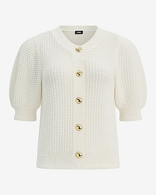 Cotton Textured Crew Neck Puff Sleeve Cardigan