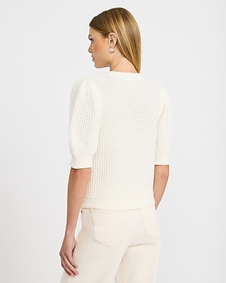 Cotton Textured Crew Neck Puff Sleeve Cardigan