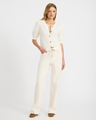 Cotton Textured Crew Neck Puff Sleeve Cardigan