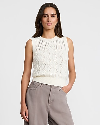 Cotton Textured Open Stitch Crew Neck Sweater Tank