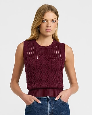 Cotton Textured Open Stitch Crew Neck Sweater Tank - thumbnail 6