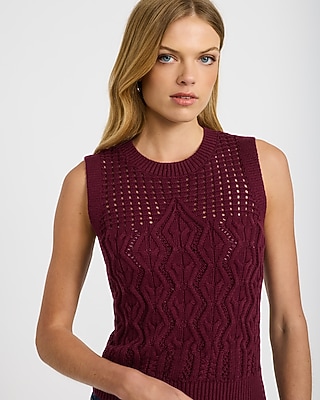 Cotton Textured Open Stitch Crew Neck Sweater Tank - thumbnail 7