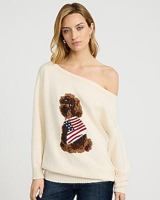 American Flag Dog Off The Shoulder Sweater - image 4