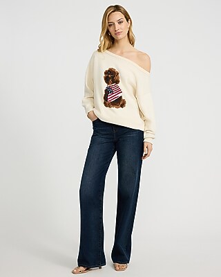 American Flag Dog Off The Shoulder Sweater
