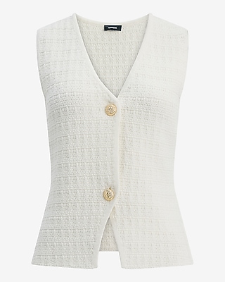 Cotton Textured V-Neck Gold Button Cutaway Sweater Vest