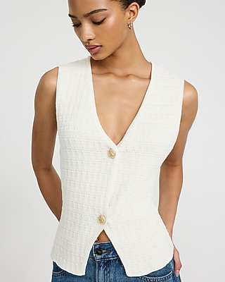 Cotton Textured V-Neck Gold Button Cutaway Sweater Vest