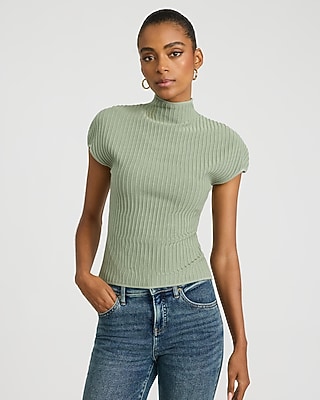 Fitted Ribbed Mock Neck Short Sleeve Sweater Tee