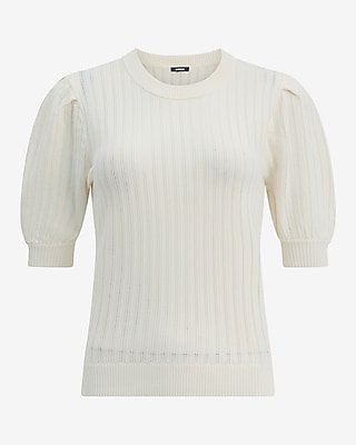 Ribbed Crew Neck Puff Sleeve Sweater