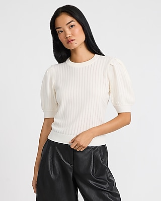 Ribbed Crew Neck Puff Sleeve Sweater