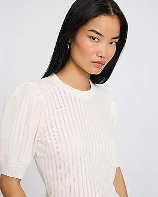 Ribbed Crew Neck Puff Sleeve Sweater