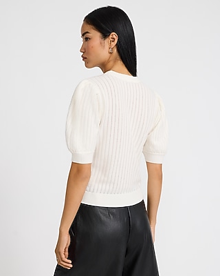 Ribbed Crew Neck Puff Sleeve Sweater