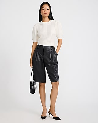 Ribbed Crew Neck Puff Sleeve Sweater