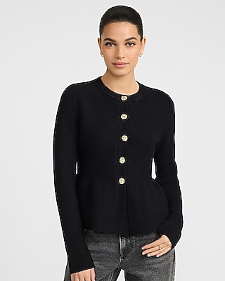 Crew Neck Novelty Button Peplum Cardigan