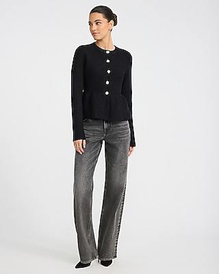 Crew Neck Novelty Button Peplum Cardigan