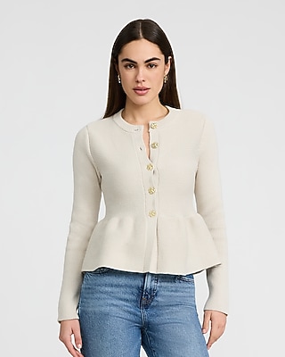 Crew Neck Novelty Button Peplum Cardigan | Express