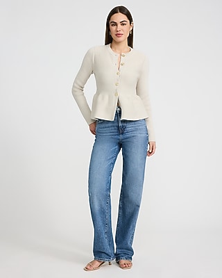 Crew Neck Novelty Button Peplum Cardigan