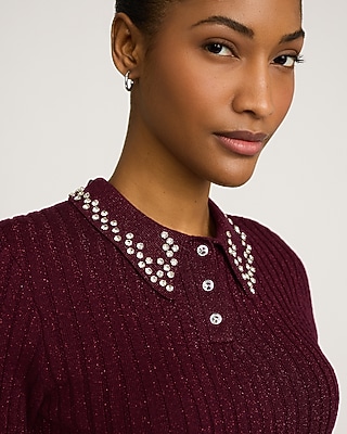 Shine Embellished Short Sleeve Sweater Polo | Express