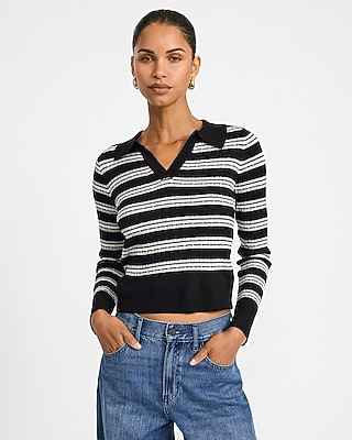 Striped Johnny Collar Long Sleeve Fitted Sweater Polo