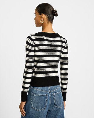 Striped Johnny Collar Long Sleeve Fitted Sweater Polo