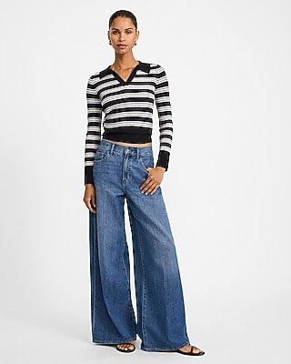 Striped Johnny Collar Long Sleeve Fitted Sweater Polo