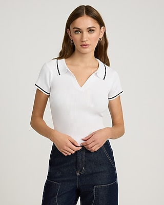 Tipped Ribbed V-Neck Short Sleeve Sweater Polo