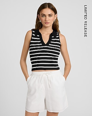 Striped Ribbed V-Neck Sleeveless Sweater Polo