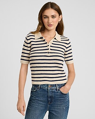 Crochet Striped Short Sleeve Polo Sweater