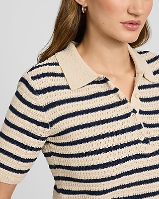 Crochet Striped Short Sleeve Polo Sweater