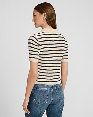 Crochet Striped Short Sleeve Polo Sweater