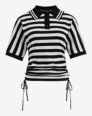 Striped Short Sleeve Cinched Hem Polo Sweater - image 5