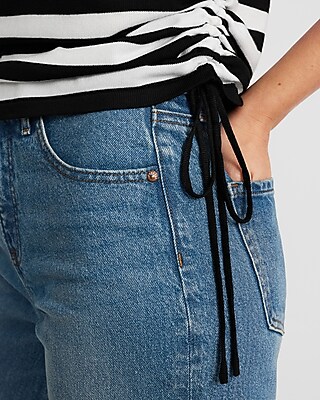 Striped Short Sleeve Cinched Hem Polo Sweater - image 2