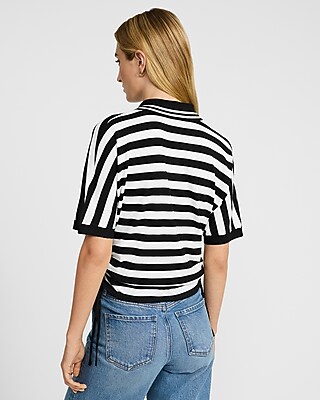 Striped Short Sleeve Cinched Hem Polo Sweater - image 3