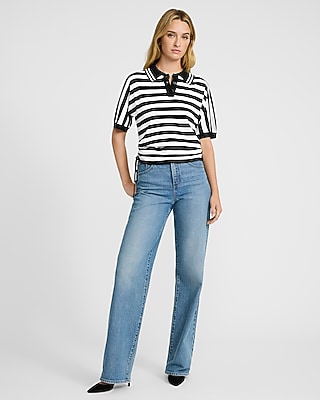 Striped Short Sleeve Cinched Hem Polo Sweater - image 4