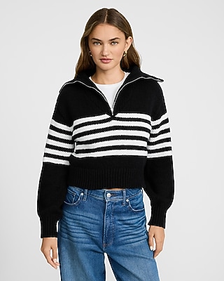 Striped Trim Quarter Zip Cropped Sweatshirt