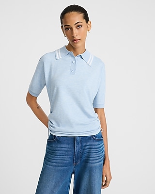 Tipped Short Sleeve Cinched Hem Polo Sweater